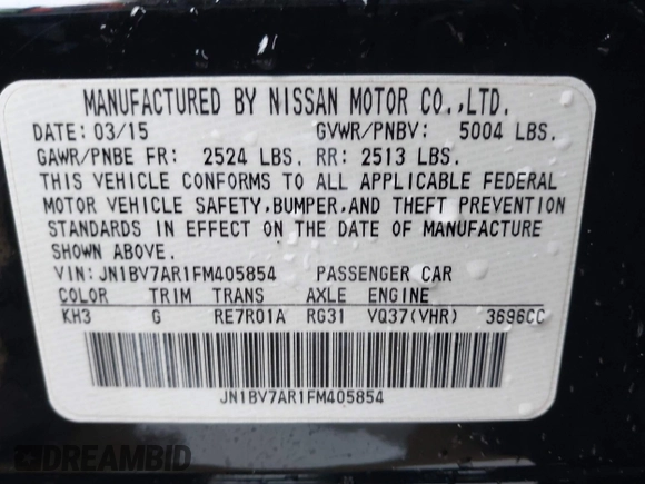 2015 Infiniti Q50 Premium with VIN JN1BV7AR1FM405854, listed as a IAAI auction lot 41516401 with 89,382 mi miles and . Bid and sale history available at DreamBid. Image 9.