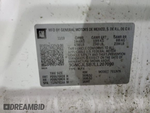 2020 Chevrolet Trax LT with VIN 3GNCJLSB7LL207090, listed as a Copart auction lot 49272635 with 82,406 mi miles and Clean Title. Bid and sale history available at DreamBid. Image 14.