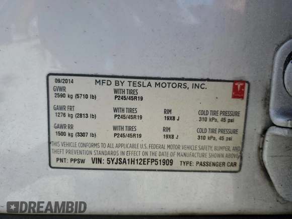 2014 Tesla Model S 60 with VIN 5YJSA1H12EFP51909, listed as a Copart auction lot 55489705 with Not Provided miles and Clean Title. Bid and sale history available at DreamBid. Image 12.