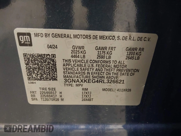 2024 Chevrolet Equinox LT with VIN 3GNAXKEG4RL326621, listed as a IAAI auction lot 42194754 with 21,167 mi miles and . Bid and sale history available at DreamBid. Image 9.