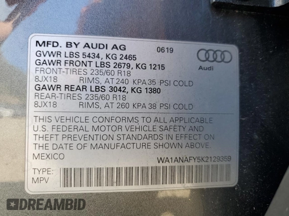 2019 Audi Q5 Premium z VIN WA1ANAFY5K2129359, wystawiony jako Copart lot #54984775 z przebiegiem 27 759 mil mil oraz Szkoda całkowita • Salvage title. Historia ofert i sprzedaży dostępna na DreamBid. Obrazek 12.