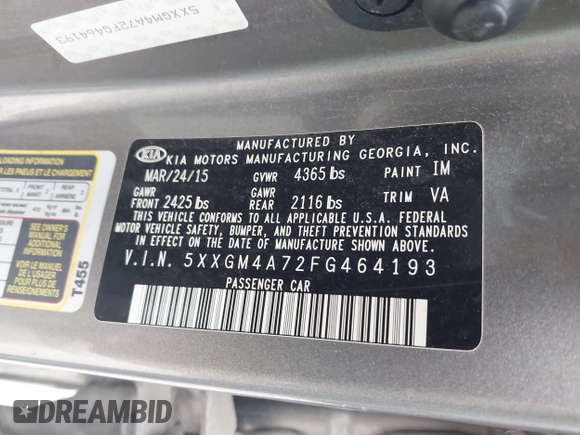 2015 Kia Optima LX with VIN 5XXGM4A72FG464193, listed as a IAAI auction lot 39285719 with 198,383 mi miles and . Bid and sale history available at carsss.com. Image 9.
