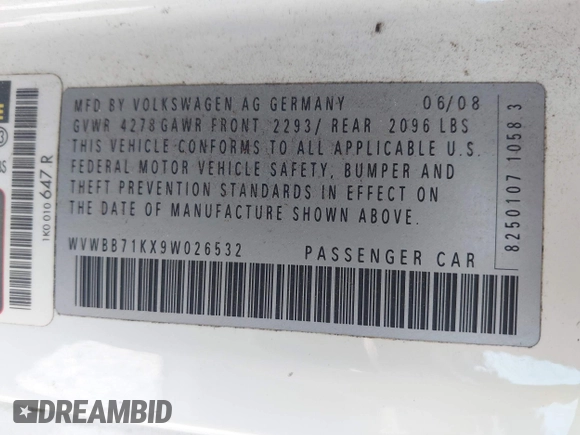 2009 Volkswagen Rabbit S with VIN WVWBB71KX9W026532, listed as a IAAI auction lot 42396191 with 161,660 mi miles and . Bid and sale history available at DreamBid. Image 9.