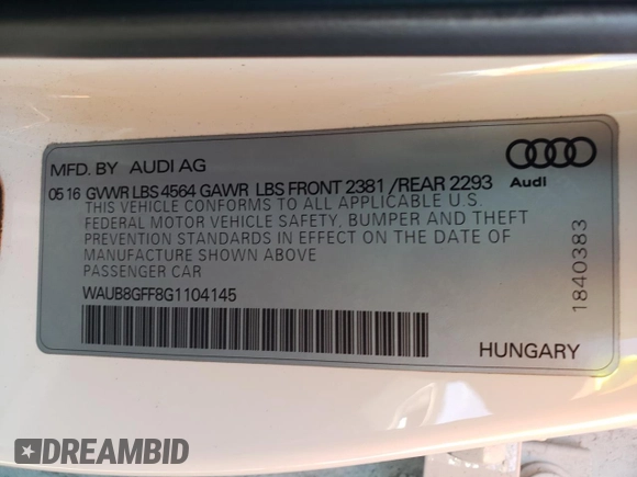 2016 Audi A3 2.0T Premium with VIN WAUB8GFF8G1104145, listed as a Copart auction lot 45985953 with 70,828 mi miles. Bid and sale history available at carsss.com. Image 12.