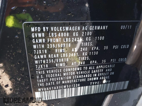 2012 Volkswagen Tiguan SEL with VIN WVGAV7AX0CW521226, listed as a IAAI auction lot 42053515 with 78,253 mi miles and . Bid and sale history available at DreamBid. Image 9.