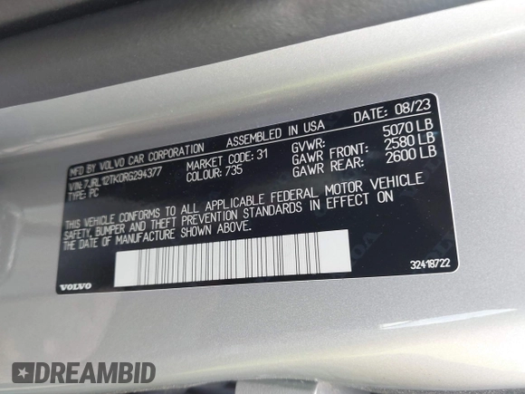 2024 Volvo S60 Core Dark Theme with VIN 7JRL12TK0RG294377, listed as a IAAI auction lot 42337658 with 32,034 mi miles and . Bid and sale history available at DreamBid. Image 9.