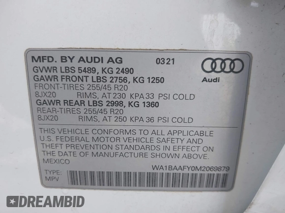 2021 Audi Q5 Premium Plus with VIN WA1BAAFY0M2069879, listed as a IAAI auction lot 42009952 with 44,686 mi miles. Bid and sale history available at carsss.com. Image 9.