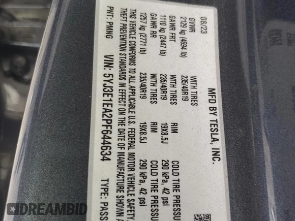 2023 Tesla Model 3 с VIN 5YJ3E1EA2PF644634, выставлен на аукционе Copart как лот 85637384 с пробегом 19 643 миль миль и Списание • Salvage title. История ставок и продаж доступна на DreamBid. Изображение 14.