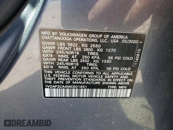 2021 Volkswagen Atlas S with VIN 1V2AP2CA4MC501931, listed as a Copart auction lot 53485375 with 127,674 mi miles and Salvage title. Bid and sale history available at DreamBid. Image 14.