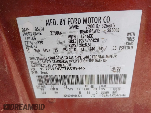 2007 Ford F-150 XLT with VIN 1FTPW14V77KC99445, listed as a IAAI auction lot 42569783 with 200,191 mi miles and . Bid and sale history available at DreamBid. Image 9.
