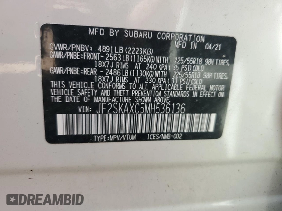2021 Subaru Forester Touring with VIN JF2SKAXC5MH536136, listed as a Copart auction lot 65888773 with 0 mi miles and Salvage Title. Bid and sale history available at carsss.com. Image 14.