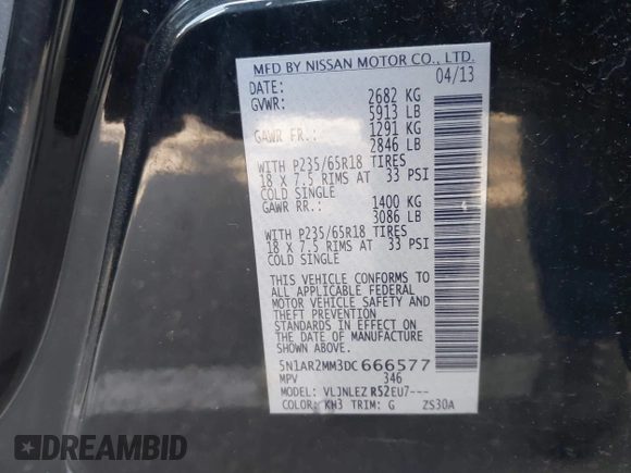 2013 Nissan Pathfinder Platinum with VIN 5N1AR2MM3DC666577, listed as a IAAI auction lot 42214281 with 113,177 mi miles and . Bid and sale history available at DreamBid. Image 9.