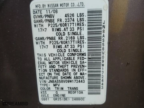 2009 Nissan Rogue SL with VIN JN8AS58V09W172443, listed as a Copart auction lot 53993915 with 139,678 mi miles and Salvage Title. Bid and sale history available at carsss.com. Image 13.