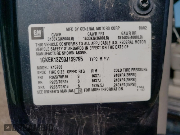 2003 GMC Yukon SLT z VIN 1GKEK13Z93J159795, wystawiony jako Copart lot #64915913 z przebiegiem 414 569 mil mil oraz Szkoda całkowita • Salvage title. Historia ofert i sprzedaży dostępna na DreamBid. Obrazek 15.