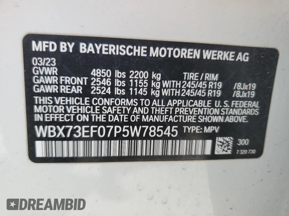 2023 BMW X1 xDrive28i с VIN WBX73EF07P5W78545, выставлен на аукционе Copart как лот 54510885 с пробегом 15 197 миль миль и Списание • Salvage title. История ставок и продаж доступна на DreamBid. Изображение 13.