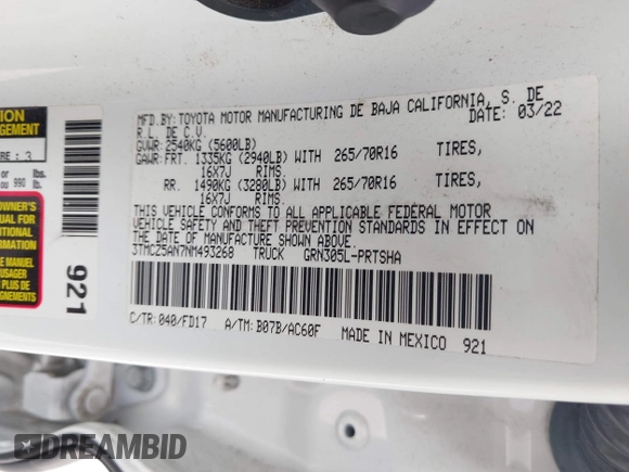2022 Toyota Tacoma SR z VIN 3TMCZ5AN7NM493268, wystawiony jako IAAI lot #42041593 z przebiegiem 100 589 mil mil oraz . Historia ofert i sprzedaży dostępna na DreamBid. Obrazek 9.