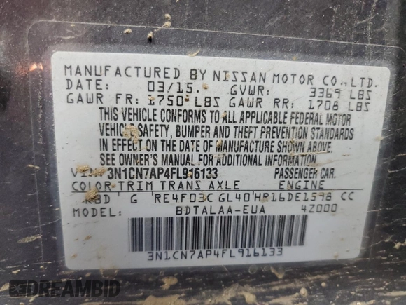 2015 Nissan Versa SV with VIN 3N1CN7AP4FL916133, listed as a Copart auction lot 55012905 with 102,026 mi miles and Salvage title. Bid and sale history available at DreamBid. Image 13.