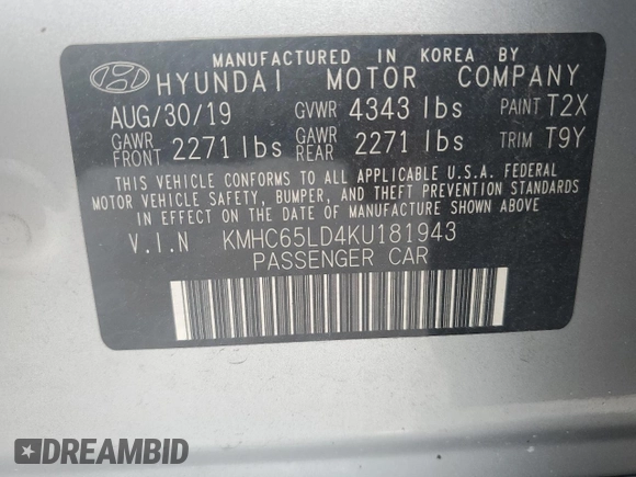 2019 Hyundai Ioniq z VIN KMHC65LD4KU181943, wystawiony jako Copart lot #58343815 z przebiegiem 14 907 mil mil oraz Szkoda całkowita • Salvage title. Historia ofert i sprzedaży dostępna na DreamBid. Obrazek 13.