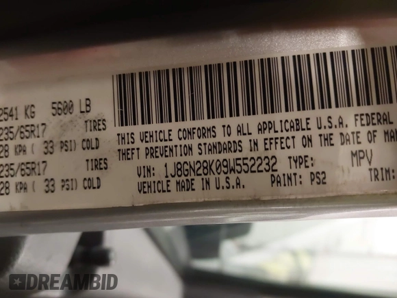 2009 Jeep Liberty Sport with VIN 1J8GN28K09W552232, listed as a IAAI auction lot 41306465 with 158,293 mi miles and . Bid and sale history available at DreamBid. Image 9.