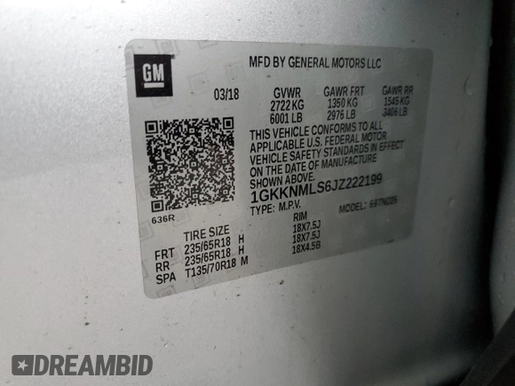 2018 GMC Acadia SLT with VIN 1GKKNMLS6JZ222199, listed as a Copart auction lot 45323165 with 76,633 mi miles and Salvage Title. Bid and sale history available at carsss.com. Image 16.