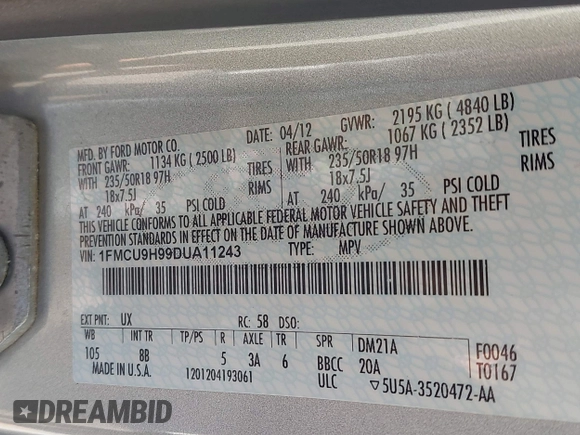 2013 Ford Escape SEL with VIN 1FMCU9H99DUA11243, listed as a IAAI auction lot 42356731 with 154,937 mi miles and . Bid and sale history available at DreamBid. Image 9.