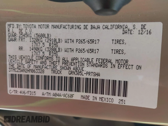 2017 Toyota Tacoma SR5 with VIN 3TMCZ5AN2HM063328, listed as a IAAI auction lot 41541775 with 137,610 mi miles and . Bid and sale history available at DreamBid. Image 9.