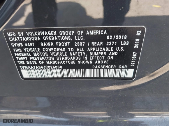 2018 Volkswagen Passat 2.0T S with VIN 1VWAA7A34JC025600, listed as a IAAI auction lot 41594079 with 92,019 mi miles. Bid and sale history available at carsss.com. Image 9.