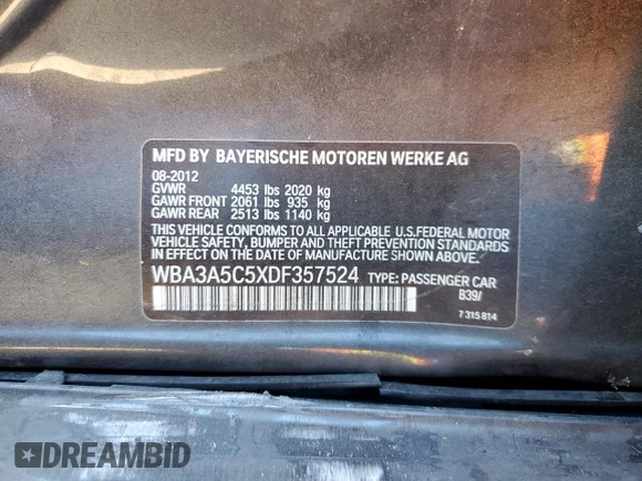 2013 BMW 3 Series 328i with VIN WBA3A5C5XDF357524, listed as a Copart auction lot 50400885 with 132,429 mi miles and Salvage Title. Bid and sale history available at carsss.com. Image 14.