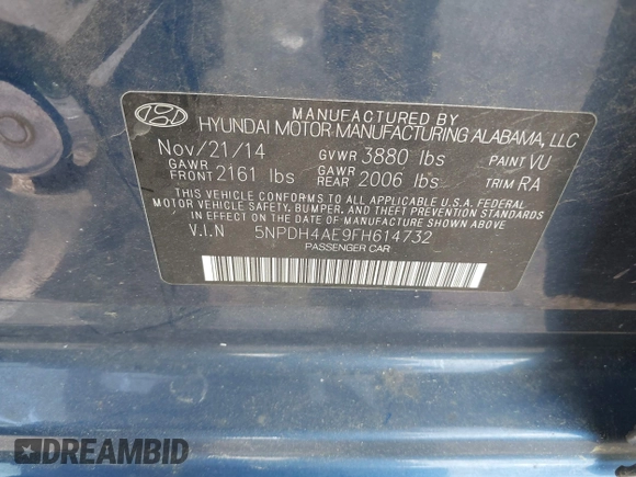 2015 Hyundai Elantra SE with VIN 5NPDH4AE9FH614732, listed as a IAAI auction lot 42150692 with 267,045 mi miles and . Bid and sale history available at DreamBid. Image 9.