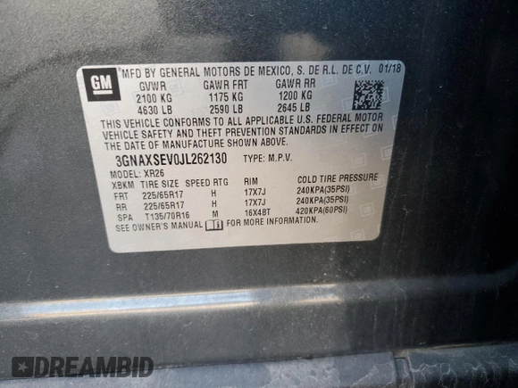 2018 Chevrolet Equinox LT with VIN 3GNAXSEV0JL262130, listed as a Copart auction lot 47670325 with 64,778 mi miles and Salvage Title. Bid and sale history available at carsss.com. Image 15.