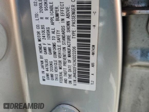 2010 Acura TSX with VIN JH4CU2F62AC023206, listed as a Copart auction lot 62390285 with Not provided miles and Salvage title. Bid and sale history available at DreamBid. Image 12.