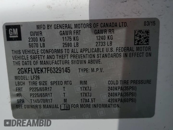 2015 GMC Terrain SLE с VIN 2GKFLVEK7F6329145, выставлен на аукционе Copart как лот 60779095 с пробегом 105 915 миль миль и Чистый • Clean title. История ставок и продаж доступна на DreamBid. Изображение 13.