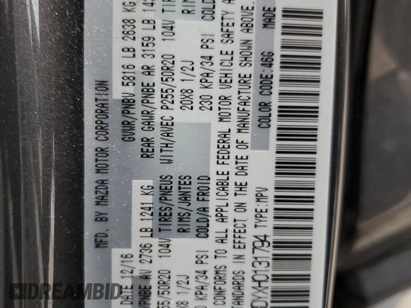 2017 Mazda CX-9 Grand Touring with VIN JM3TCBDYXH0131794, listed as a Copart auction lot 43069105 with 44,663 mi miles and Salvage Title. Bid and sale history available at carsss.com. Image 14.