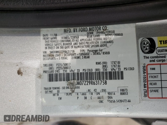 2009 Mercury Milan with VIN 3MEHM07Z29R631758, listed as a Copart auction lot 47096485 with Not provided miles and Salvage title. Bid and sale history available at DreamBid. Image 15.