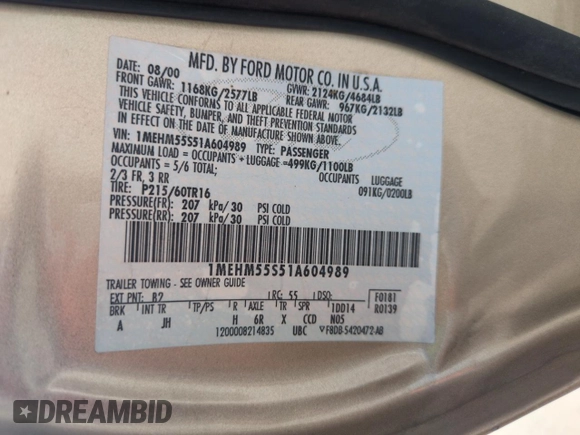 2001 Mercury Sable LS Premium with VIN 1MEHM55S51A604989, listed as a Copart auction lot 57890935 with 113,793 mi miles and Salvage title. Bid and sale history available at DreamBid. Image 13.
