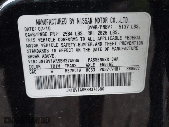 2011 Infiniti M37 with VIN JN1BY1AR5BM374686, listed as a IAAI auction lot 40399732 with 208,337 mi miles. Bid and sale history available at carsss.com. Image 9.
