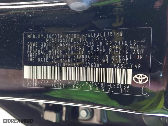 2024 Toyota Corolla LE with VIN 5YFB4MDE6RP226301, listed as a IAAI auction lot 41449167 with 5,473 mi miles. Bid and sale history available at carsss.com. Image 9.