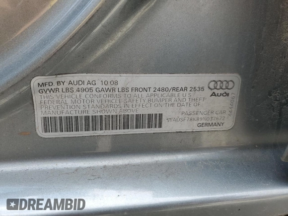 2009 Audi A4 Premium Plus z VIN WAUSF78K89N037672, wystawiony jako Copart lot #55476975 z przebiegiem 108 431 mil mil oraz Szkoda całkowita • Salvage title. Historia ofert i sprzedaży dostępna na DreamBid. Obrazek 12.