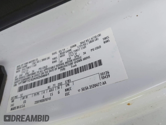 2019 Ford F-150 XL with VIN 1FTMF1C52KKD08601, listed as a IAAI auction lot 42256484 with 83,417 mi miles and . Bid and sale history available at DreamBid. Image 9.