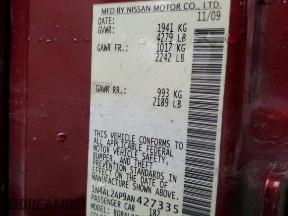 2010 Nissan Altima 2.5 S with VIN 1N4AL2AP9AN427335, listed as a Copart auction lot 87968405 with 0 mi miles and Clean Title. Bid and sale history available at carsss.com. Image 12.