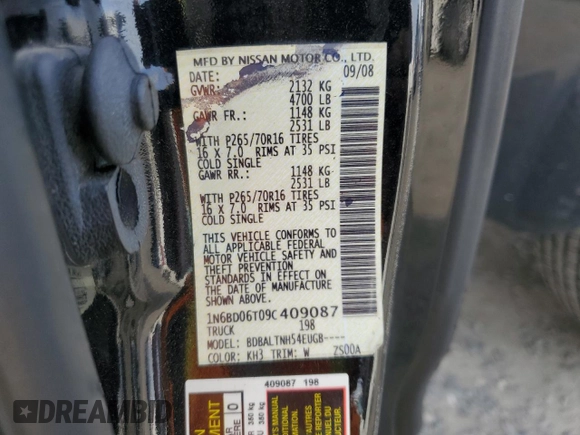 2009 Nissan Frontier SE with VIN 1N6BD06T09C409087, listed as a Copart auction lot 52325915 with 190,970 mi miles and Salvage title. Bid and sale history available at DreamBid. Image 12.