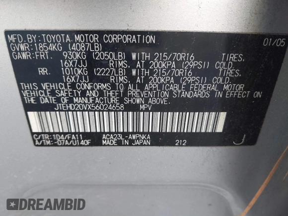 2005 Toyota RAV4 with VIN JTEHD20VX56024658, listed as a IAAI auction lot 41697623 with 1 mi miles. Bid and sale history available at carsss.com. Image 9.