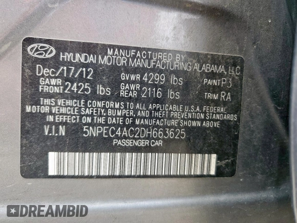 2013 Hyundai Sonata Limited with VIN 5NPEC4AC2DH663625, listed as a Copart auction lot 59555605 with 150,307 mi miles and Salvage title. Bid and sale history available at DreamBid. Image 12.