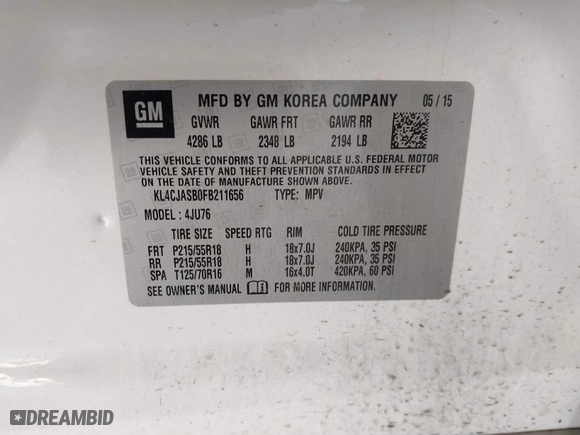 2015 Buick Encore with VIN KL4CJASB0FB211656, listed as a IAAI auction lot 41631355 with 135,232 mi miles. Bid and sale history available at carsss.com. Image 9.