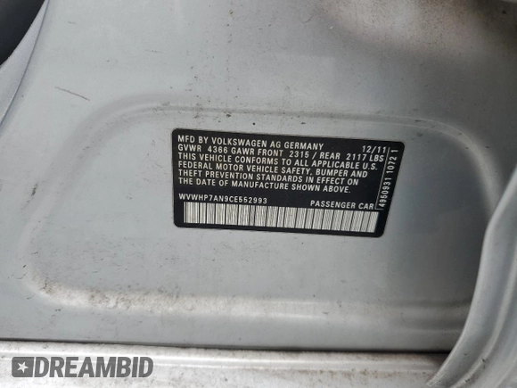 2012 Volkswagen CC Lux Plus with VIN WVWHP7AN9CE552993, listed as a Copart auction lot 51700625 with 147,107 mi miles and Salvage title. Bid and sale history available at DreamBid. Image 13.
