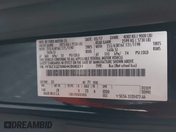 2017 Ford Transit XL с VIN 1FBZX2ZM8HKB08231, выставлен на аукционе IAAI как лот 41422653 с пробегом Не указан миль и . История ставок и продаж доступна на DreamBid. Изображение 9.