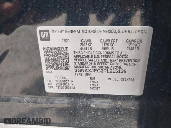 2023 Chevrolet Equinox LT with VIN 3GNAXJEG2PL215136, listed as a IAAI auction lot 42410962 with 61,490 mi miles and . Bid and sale history available at DreamBid. Image 9.