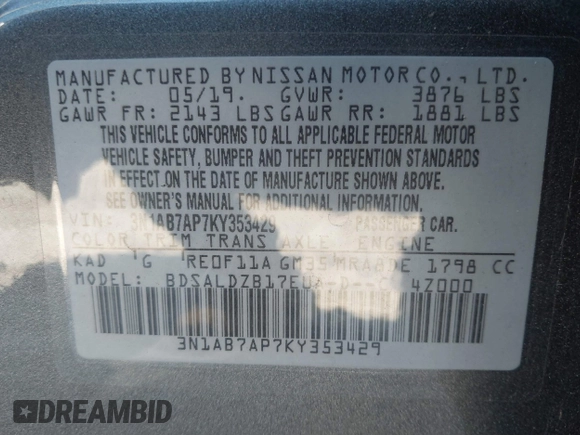 2019 Nissan Sentra S with VIN 3N1AB7AP7KY353429, listed as a IAAI auction lot 40931473 with 112,157 mi miles and . Bid and sale history available at DreamBid. Image 9.