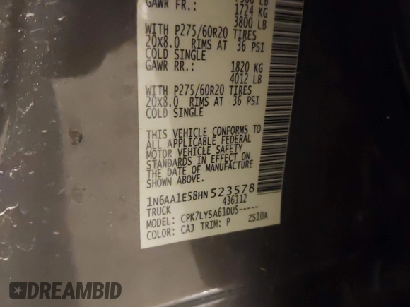 2017 Nissan Titan SV z VIN 1N6AA1E58HN523578, wystawiony jako IAAI lot #42160359 z przebiegiem 101 499 mil mil oraz . Historia ofert i sprzedaży dostępna na DreamBid. Obrazek 9.