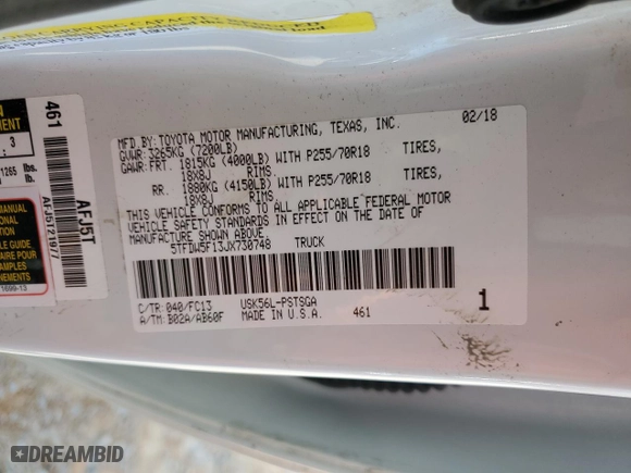 2018 Toyota Tundra 4WD SR5 with VIN 5TFDW5F13JX730748, listed as a Copart auction lot 47800315 with 254,296 mi miles and Salvage Title. Bid and sale history available at carsss.com. Image 14.